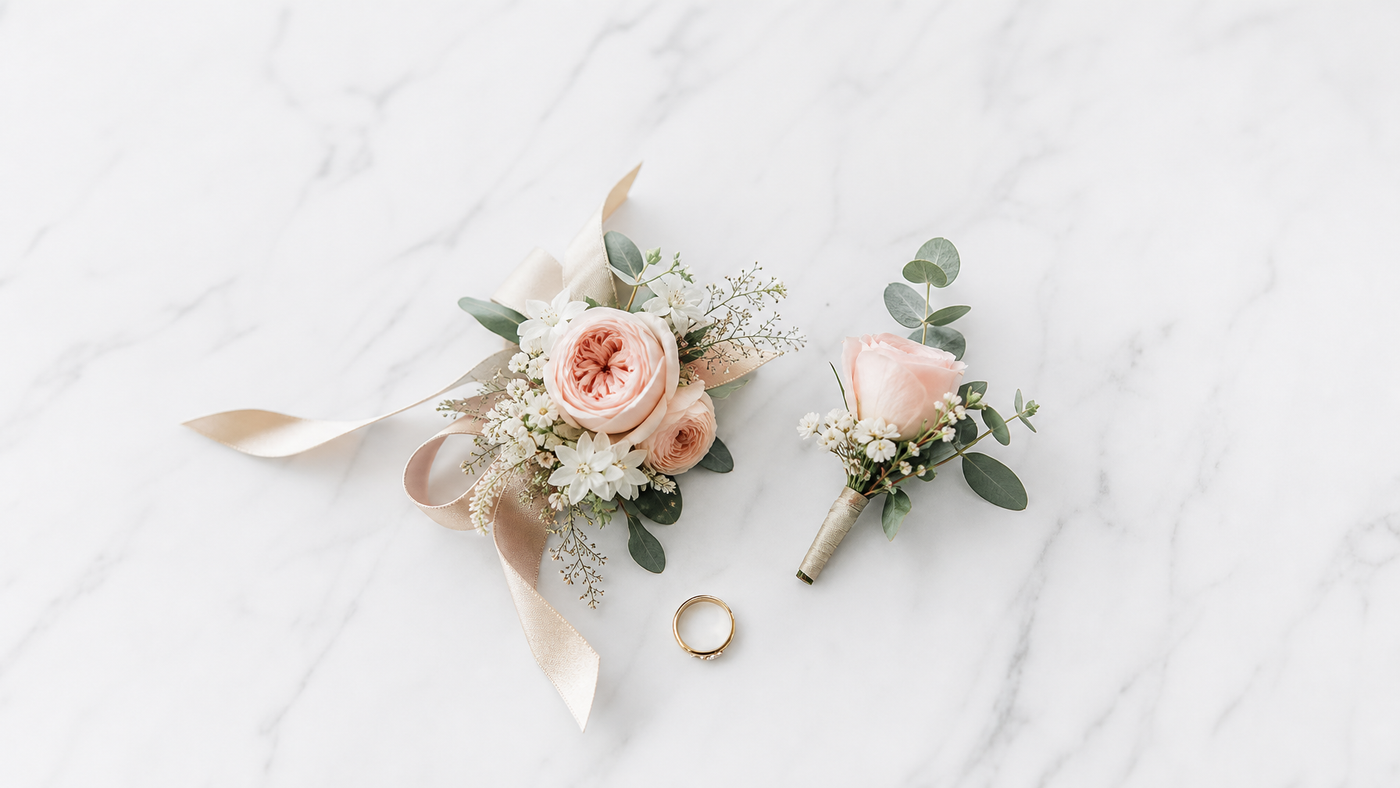 Blush corsage and boutonniere set with garden roses and ranunculus on white marble — Beverly Hills Florist