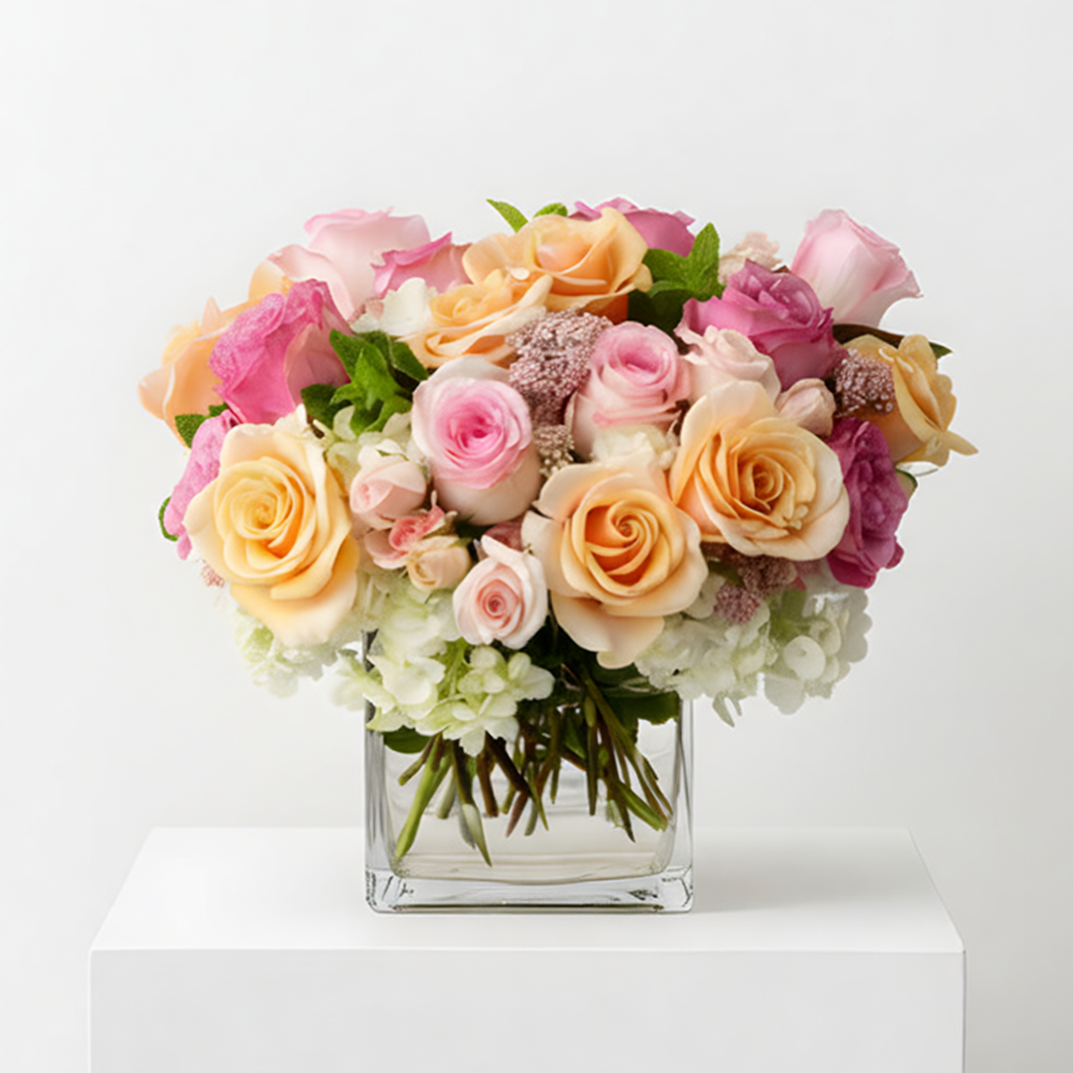 Morning Melody rose arrangement in a glass vase, suitable as a Labor Day hostess gift | Beverly Hills Florist