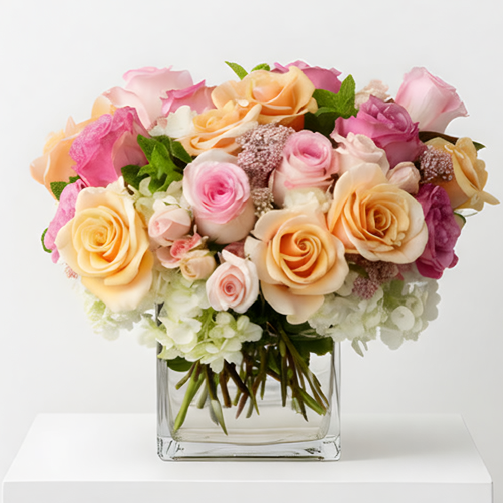 Morning Melody arrangement of Ecuadorian roses, Dutch spray roses and rice flower in a glass vase from Beverly Hills Florist