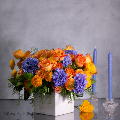 Orange Garden Roses Purple Hydrangeas - Beverly Hills Florist 