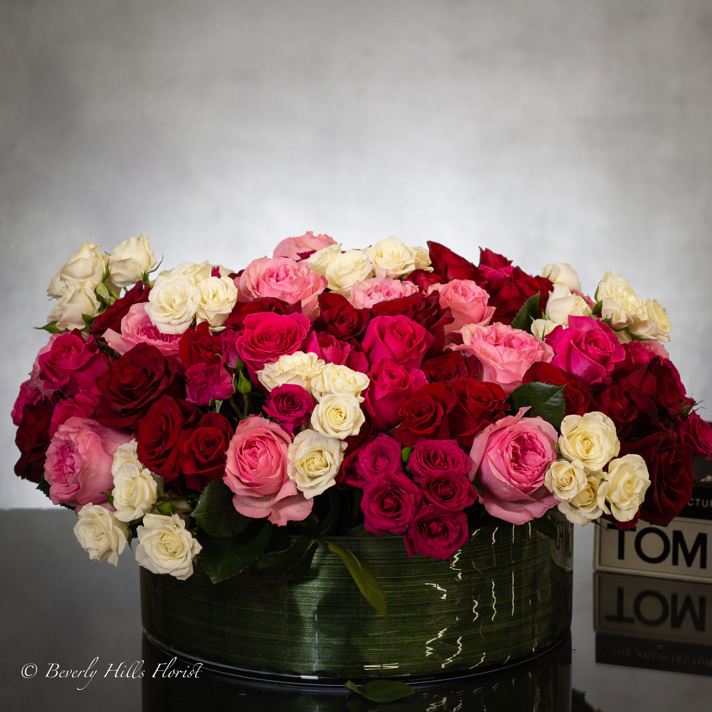 100 Blooms of Love in a glass vase with white, pink, and red fresh flowers, same-day delivery by Beverly Hills Florist.