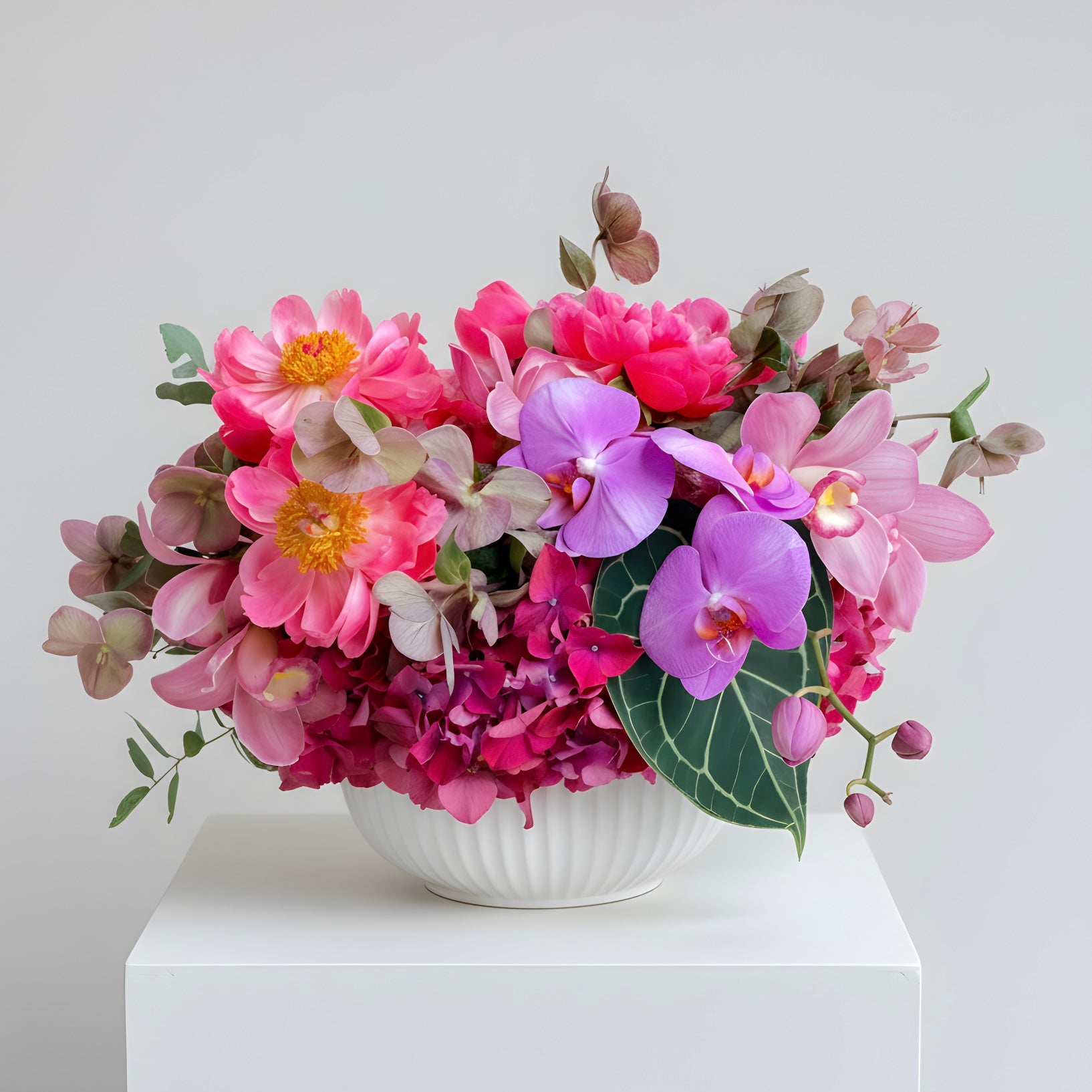 Rachel — coral peonies and pink orchids arrangement | Beverly Hills Florist