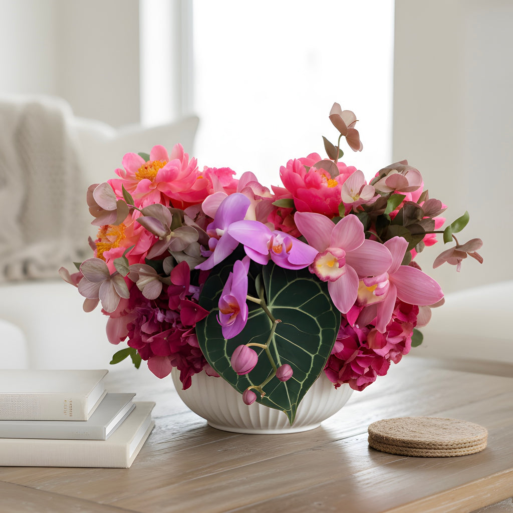 Rachel — coral peonies and pink orchids arrangement | Beverly Hills Florist