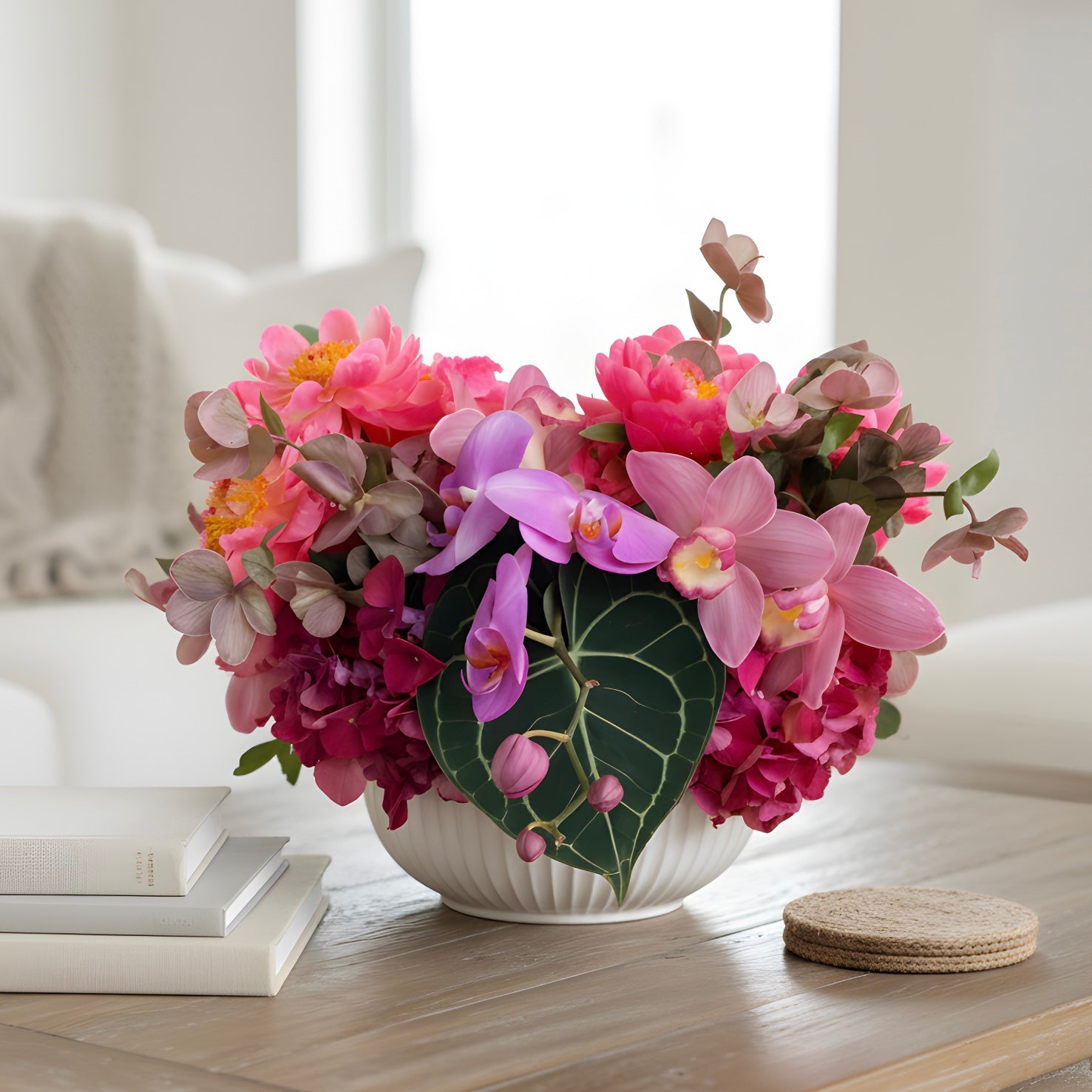 Rachel — coral peonies and pink orchids arrangement | Beverly Hills Florist