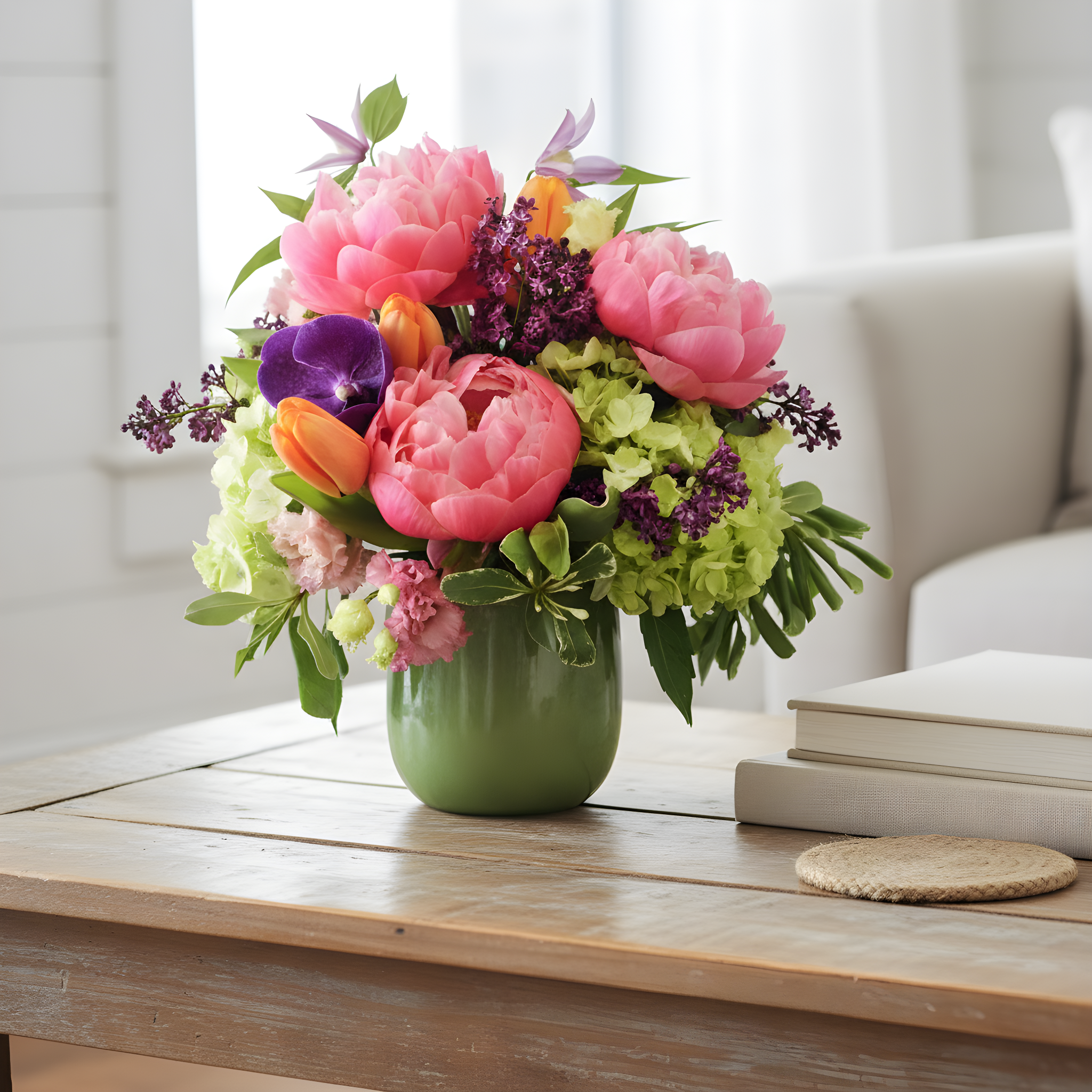 Blushing Peonies peony and hydrangea arrangement | Beverly Hills Florist