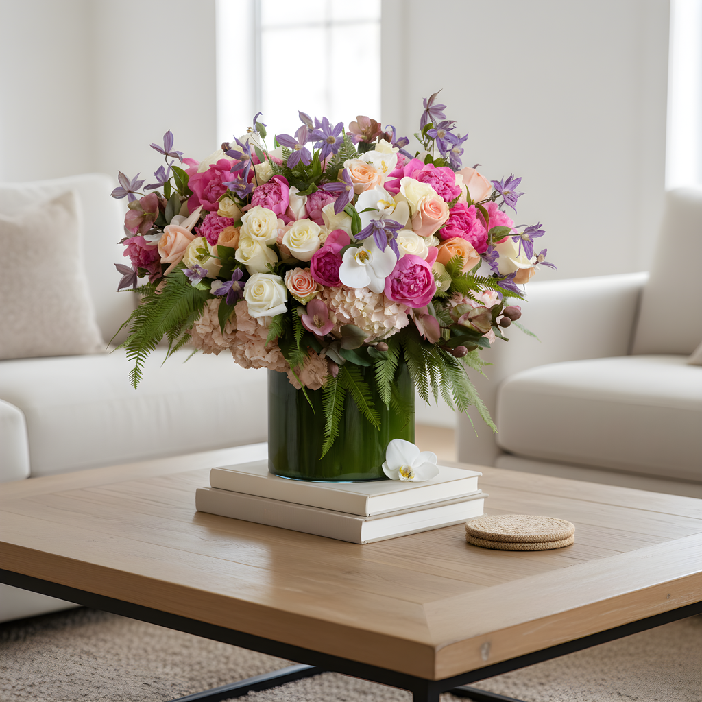 Blooming arrangement with peonies, roses, orchids, and hydrangeas | Beverly Hills Florist