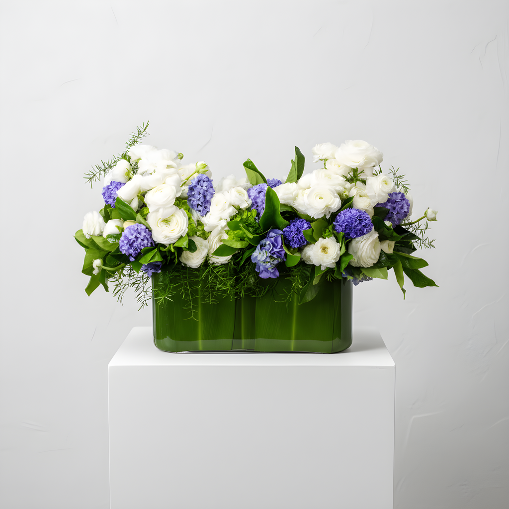 Blue hyacinths and white seasonal flowers arrangement | Beverly Hills Florist