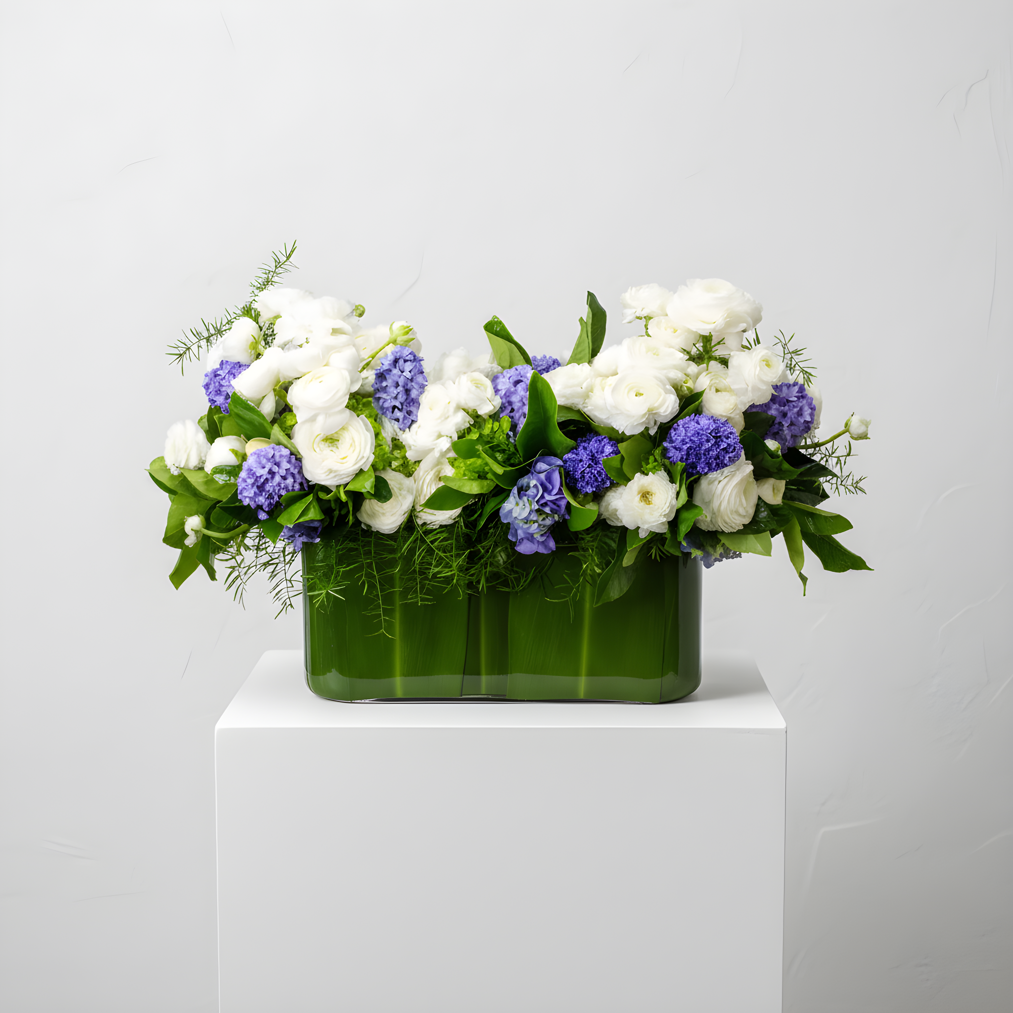 Blue hyacinths and white seasonal flowers arrangement | Beverly Hills Florist