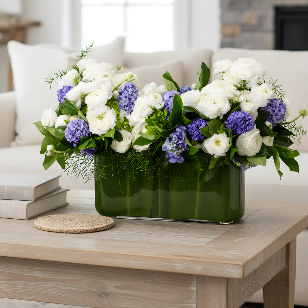 Blue hyacinths and white seasonal flowers arrangement | Beverly Hills Florist