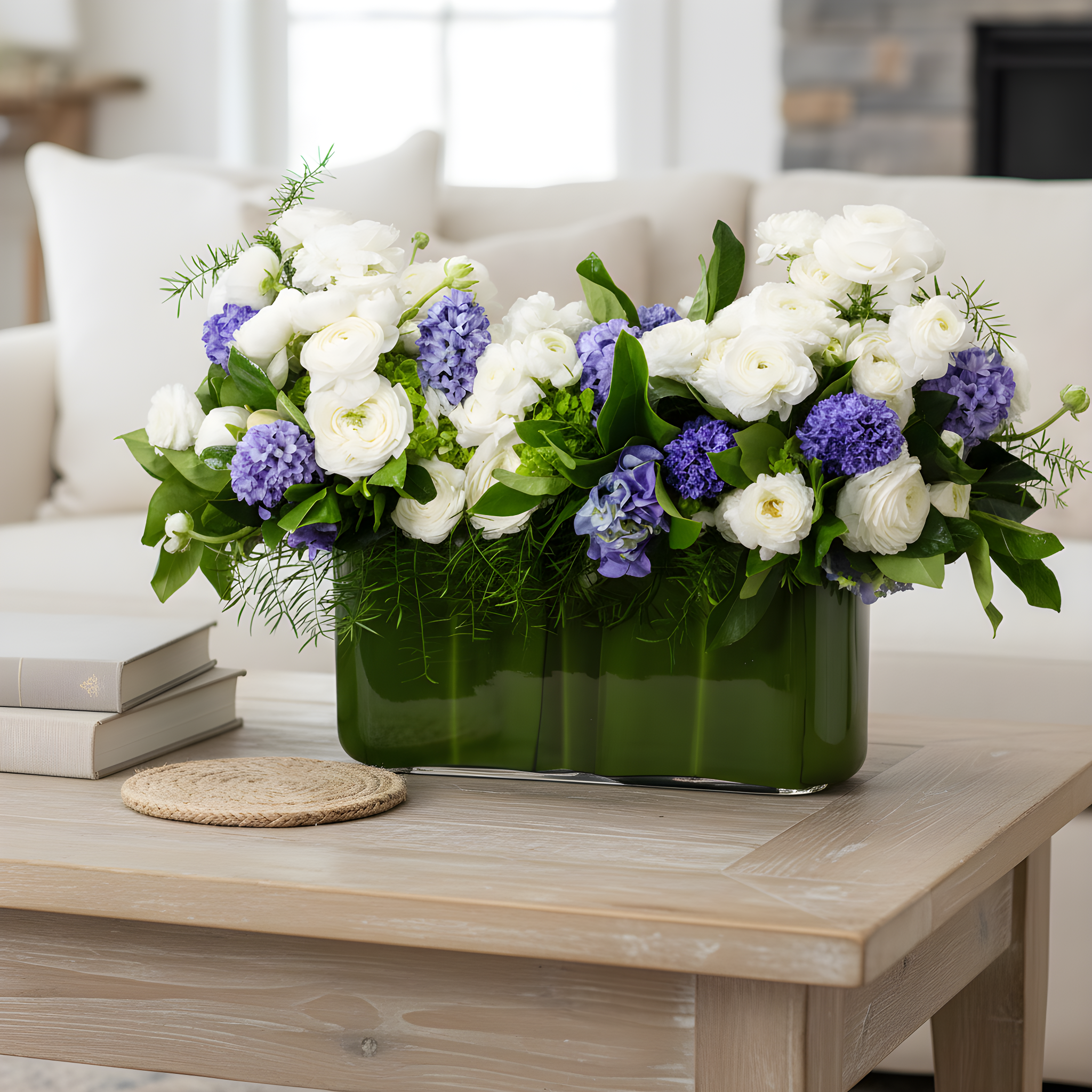 Blue hyacinths and white seasonal flowers arrangement | Beverly Hills Florist