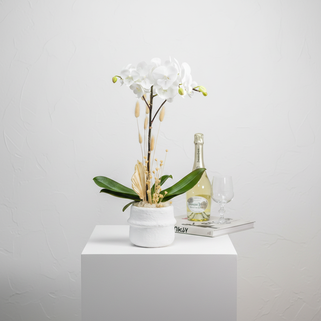 Double white Phalaenopsis orchid arrangement with dried botanicals - Orchid Essence Deluxe