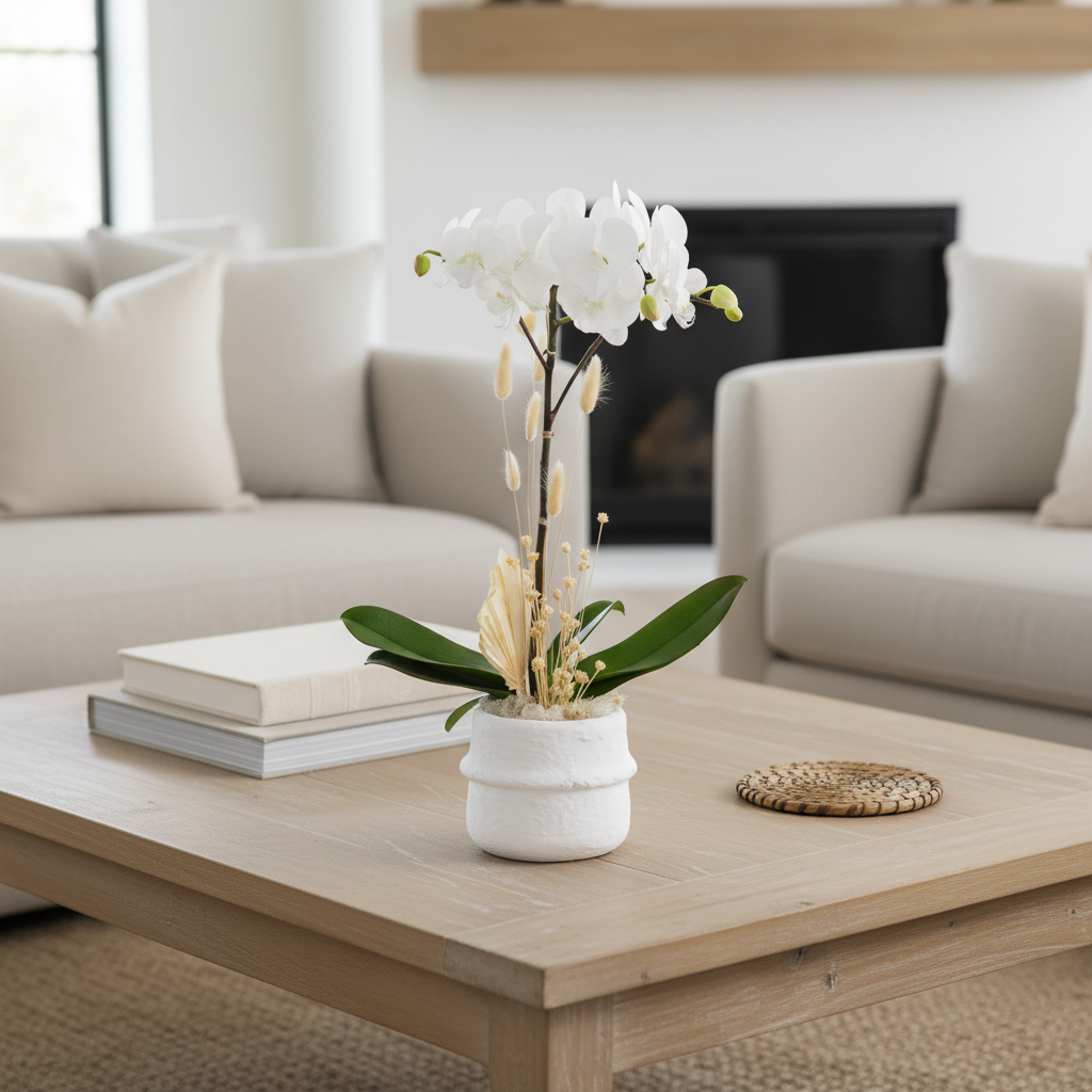 Orchid Essence luxury white orchid arrangement, same-day delivery Beverly Hills - detail view