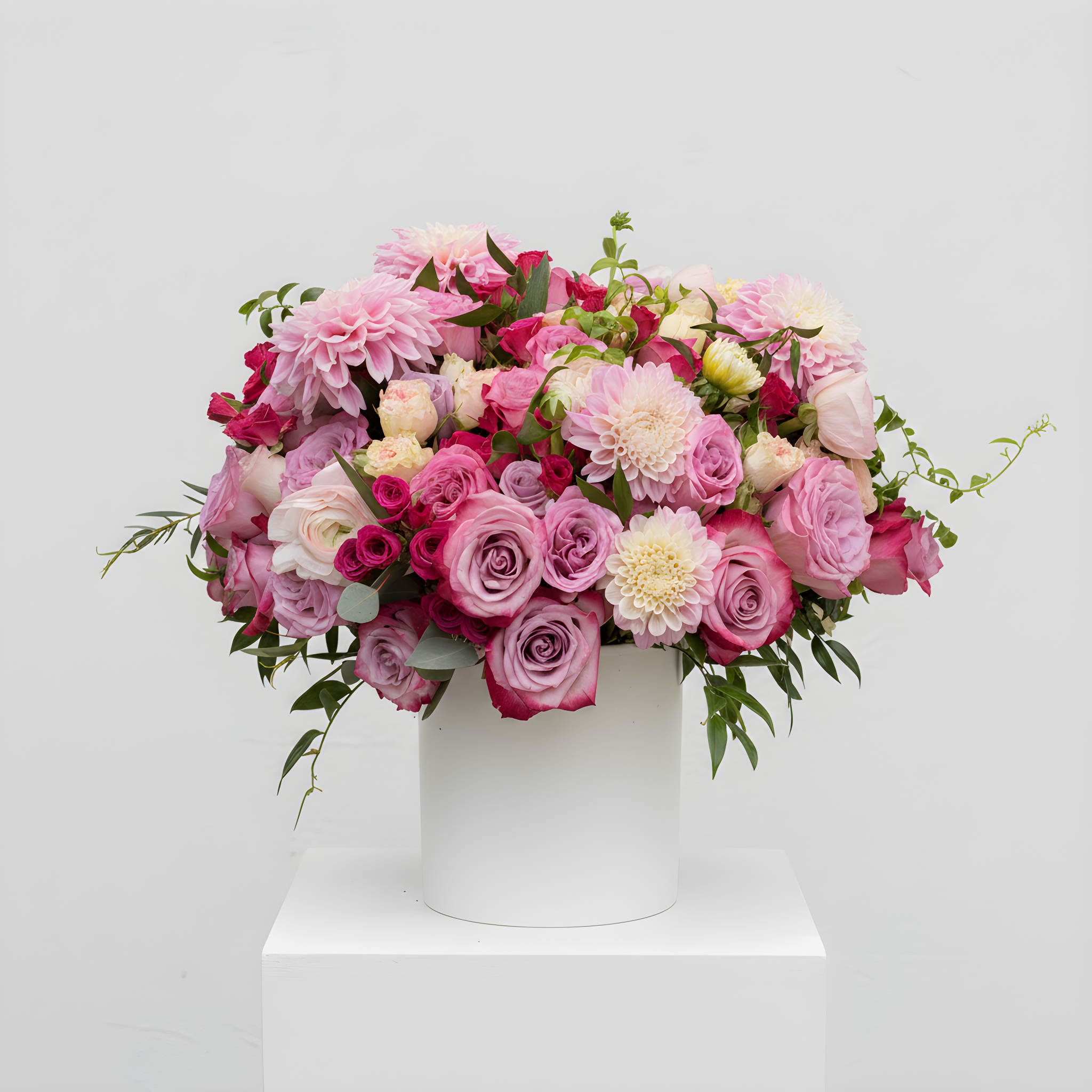 Dalia's and Roses — grand 75+ bloom floral arrangement in white ceramic vase | Beverly Hills Florist