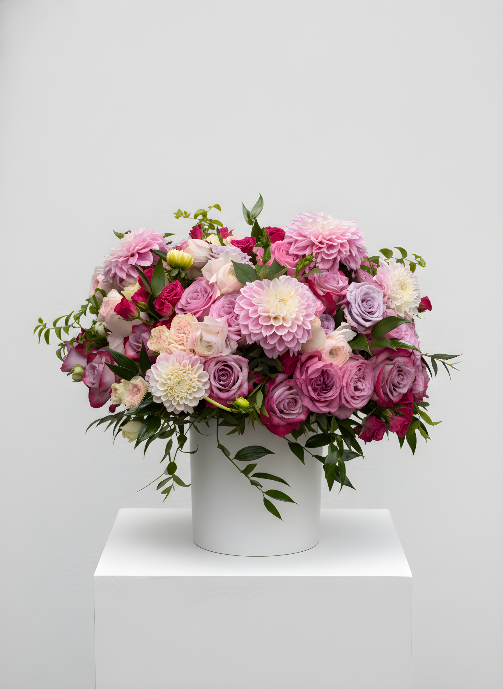 Dalia's and Roses — grand 75+ bloom floral arrangement in white ceramic vase | Beverly Hills Florist