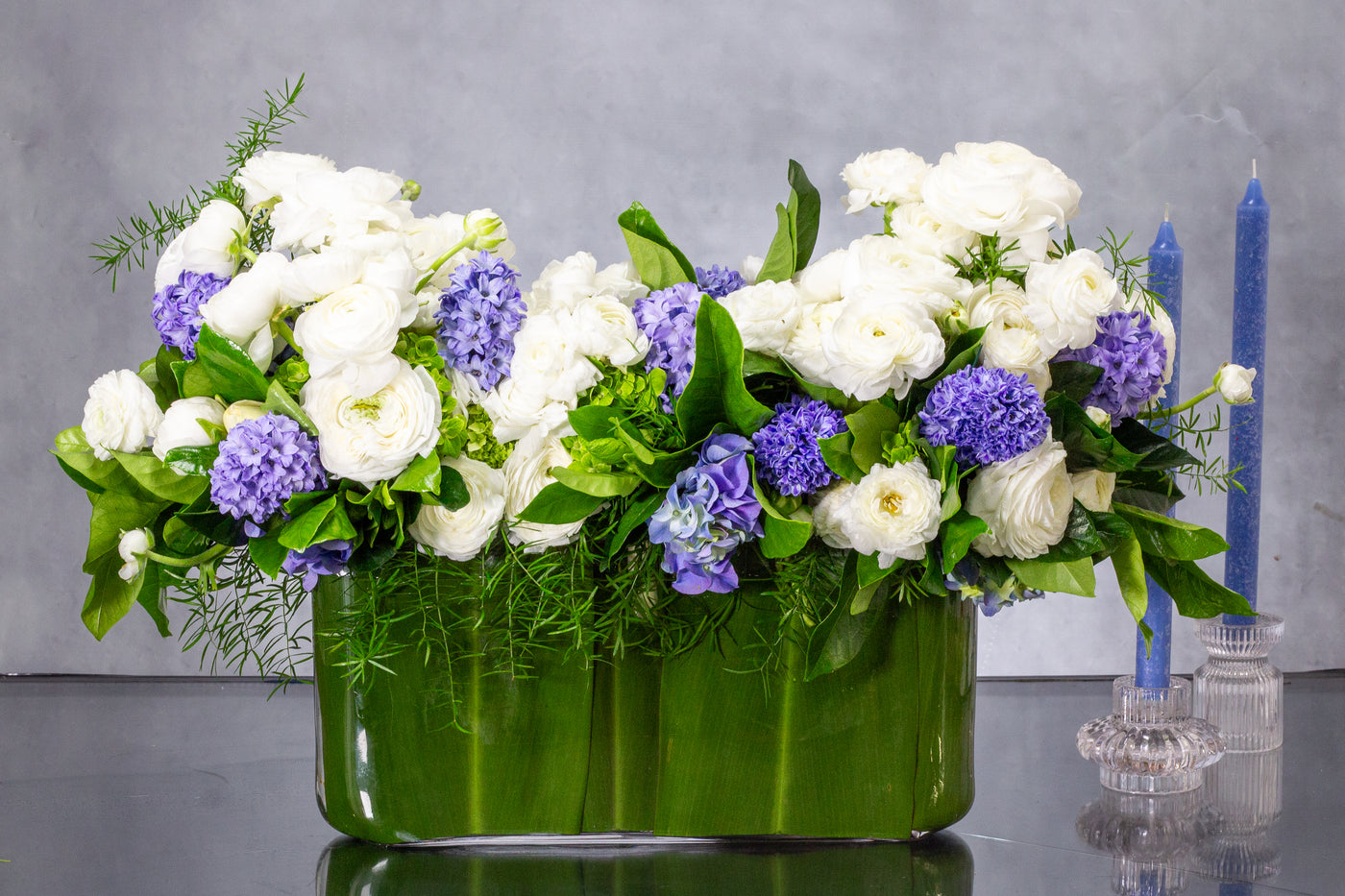 Blue Hyacinths and white seasonal Flowers