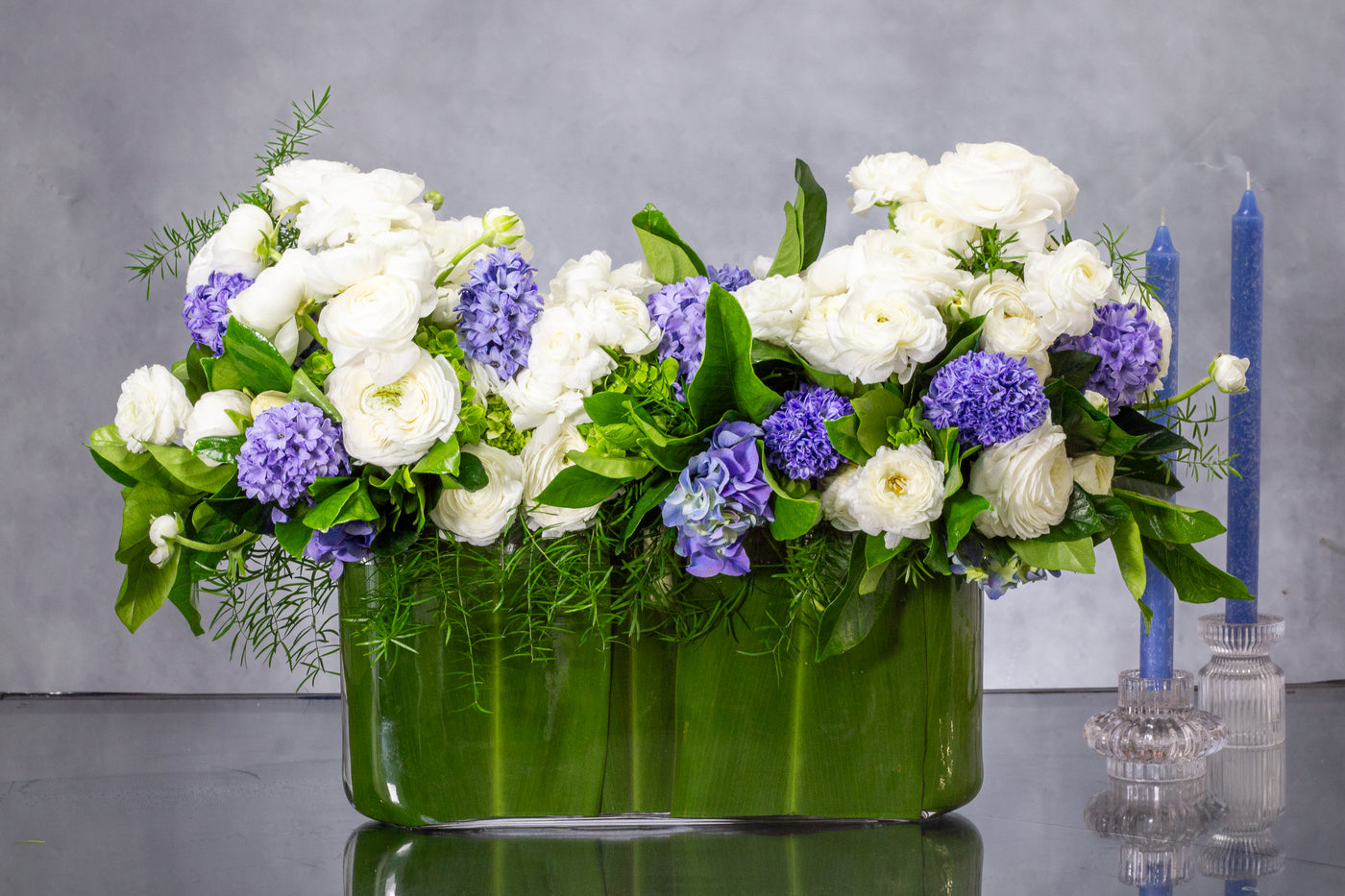 Blue Hyacinths and white seasonal Flowers