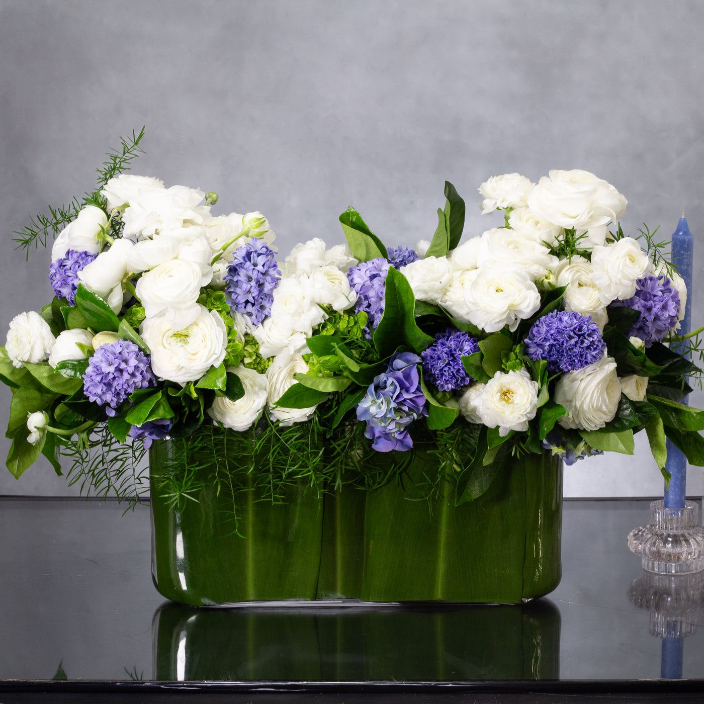 Blue Hyacinths and white seasonal Flowers