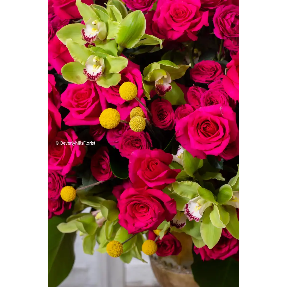 Amore Roses arrangement with red and pink Ecuadorian roses, spray roses, and orchids in a golden pedestal container, 40-inch round, elegant and romantic.