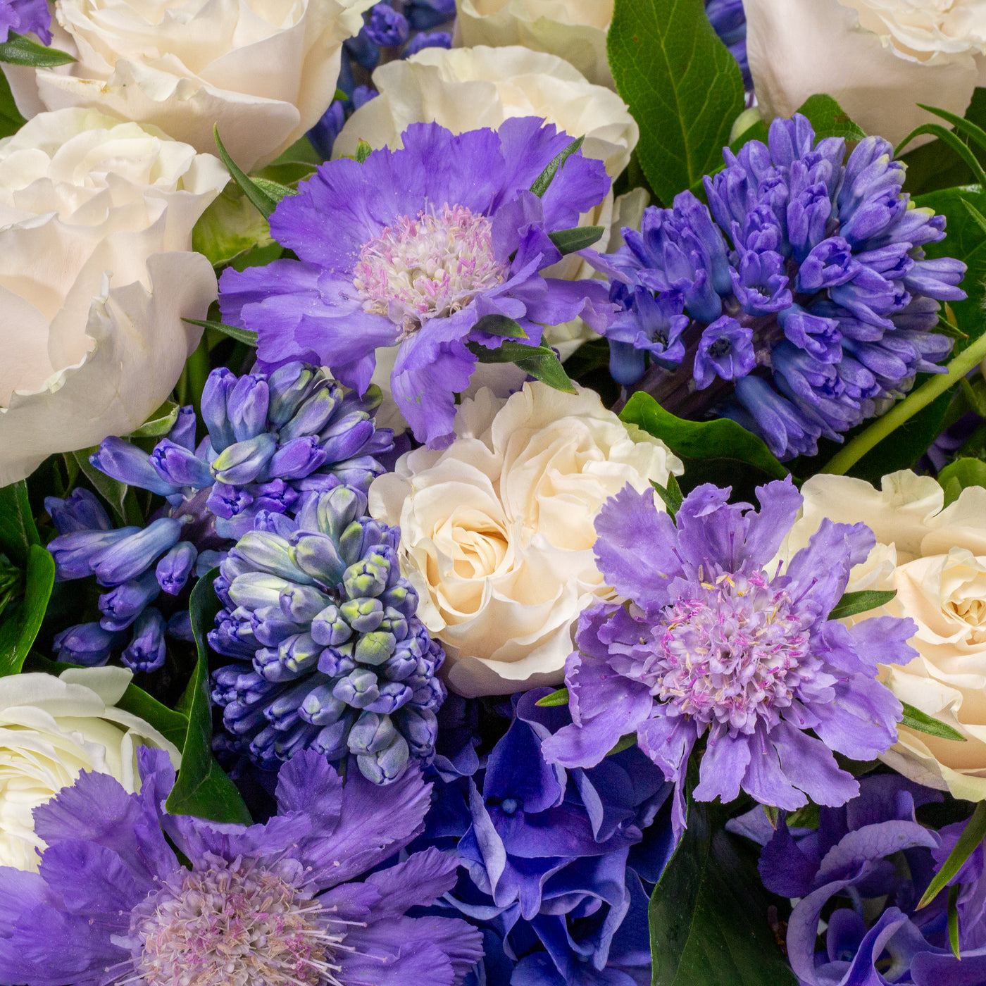 Luxury blue and white flower arrangement with hydrangea, roses, scabiosa, and hyacinths in a ceramic vase – Beverly Hills Florist.