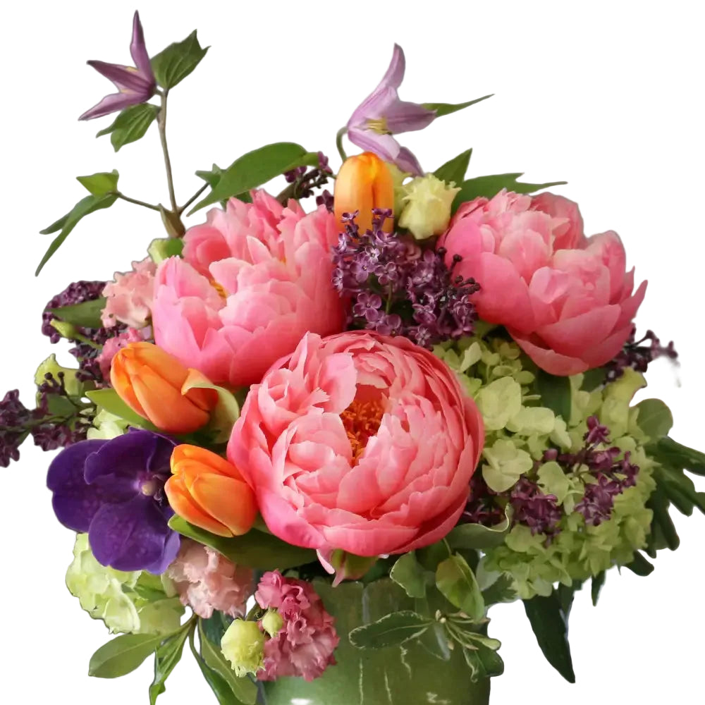Chic ceramic vase arrangement with peonies, hydrangeas, and tulips – Beverly Hills florist same day delivery