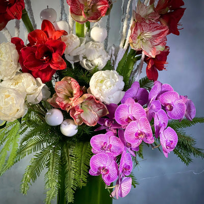 Branch Away grand centerpiece with peonies, amaryllis, and phalaenopsis orchids, available for same-day delivery by Beverly Hills Florist.