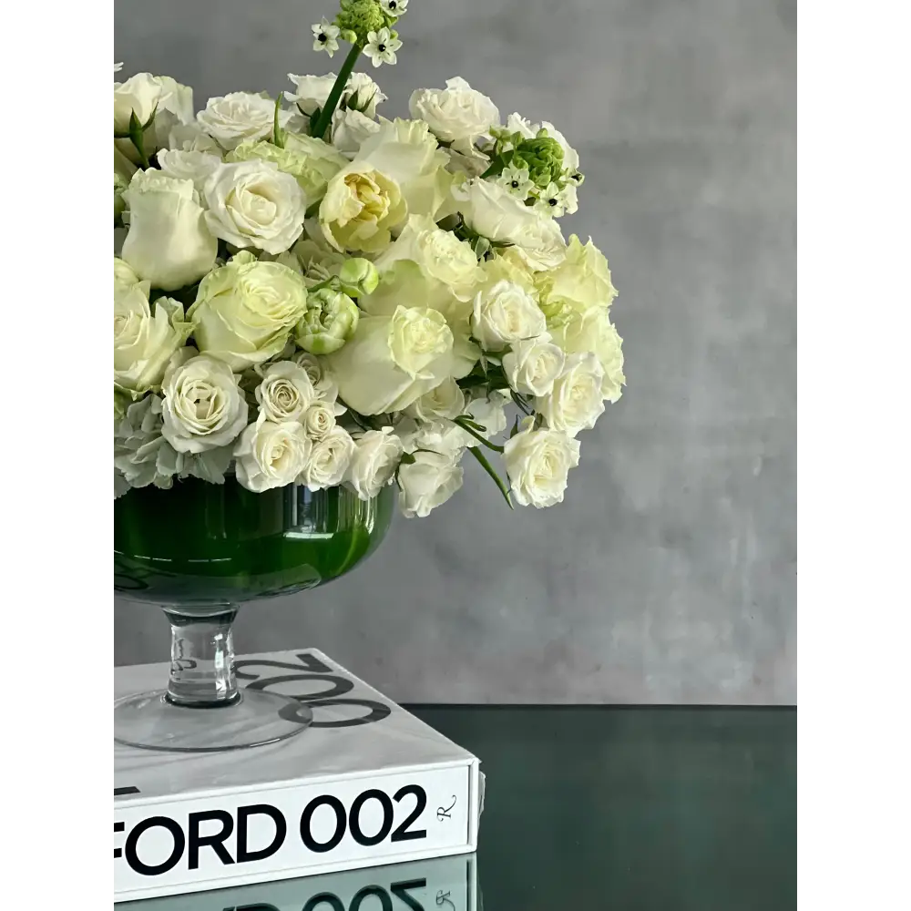 Capture The Heart arrangement with white roses and seasonal flowers in a pedestal vase, available for same-day delivery by Beverly Hills Florist.