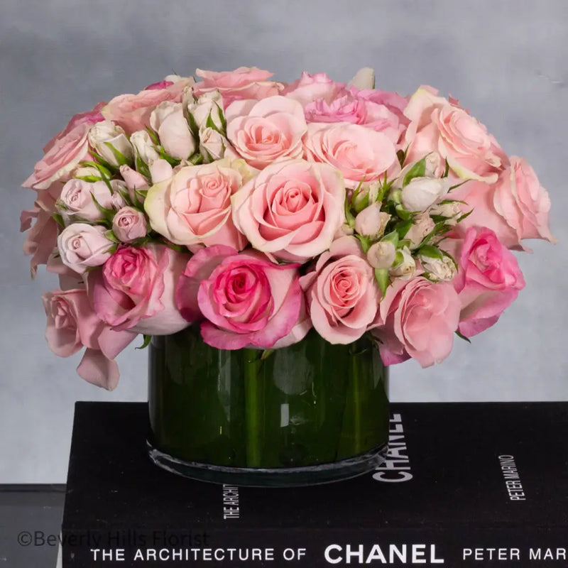 Celestial Charm pink rose bouquet in a cylinder glass vase | Beverly Hills Florist