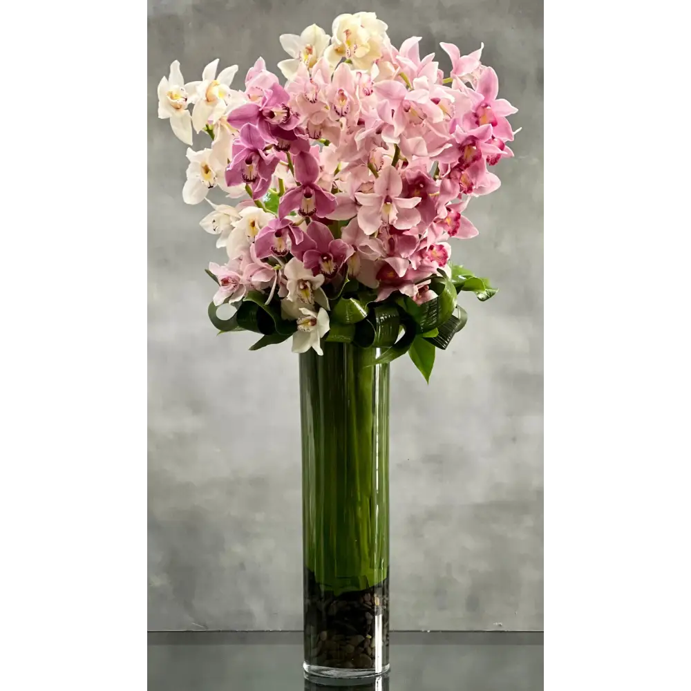 Deliver happiness and joy with this magnificent floral design from Beverly Hills Florist ! This arrangement is offered for same day delivery. This arrangement features a modern tall leaf lined vase overflowing with 10 tall stems of gorgeous pink, lavender and white Cymbidium Orchids. Unique and breathtakingly beautiful! Perfect for Birthdays, Love and Romance, and Thank you !