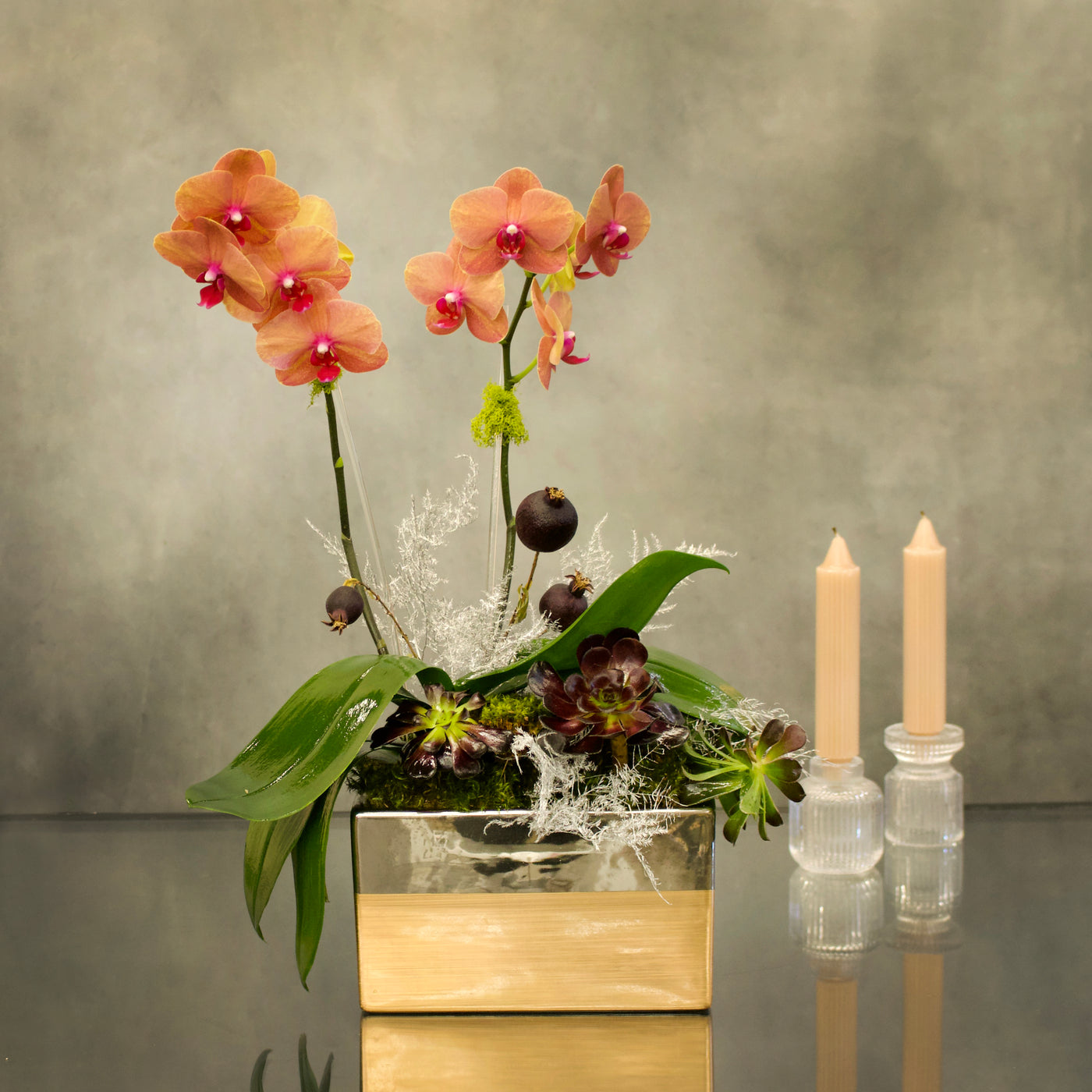 Double Peach Fall Orchids in a copper-silver vase with succulents, 18 inches tall, available for same-day delivery by Beverly Hills Florist.