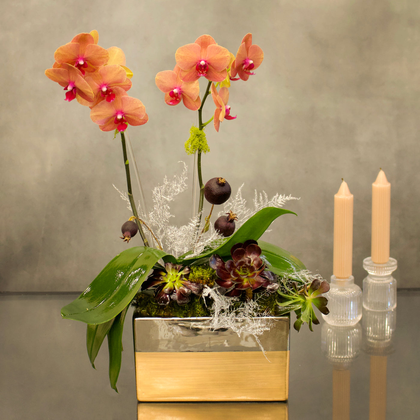 Double Peach Fall Orchids in a copper-silver vase with succulents, 18 inches tall, available for same-day delivery by Beverly Hills Florist.