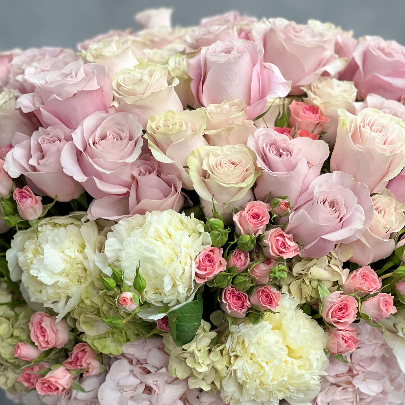 Elegant arrangement of over 100 pale pink roses and peonies in a sleek glass vase, 28 inches tall, designed by Beverly Hills Florist.