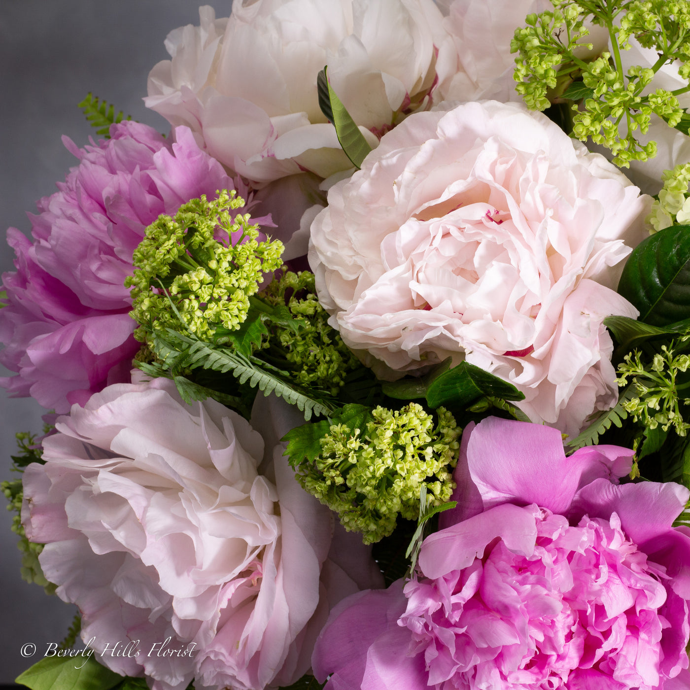 Ethereal Elegance floral arrangement with pink and white peonies in a sleek vase – available for same-day delivery by Beverly Hills Florist.