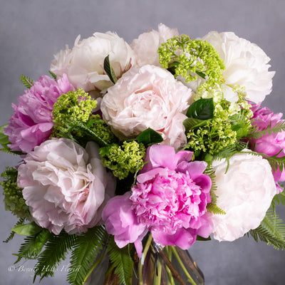 Ethereal Elegance floral arrangement with pink and white peonies in a sleek vase – available for same-day delivery by Beverly Hills Florist.