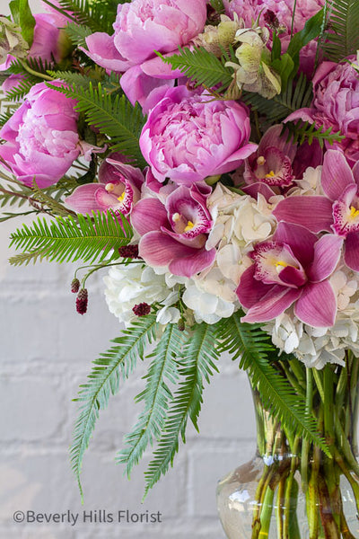 Elegant Floral Fusion arrangement with peonies, cymbidium orchids, and white hydrangeas in a tall glass vase – available for same-day delivery by Beverly Hills Florist.