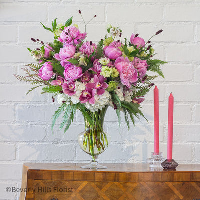 Elegant Floral Fusion arrangement with peonies, cymbidium orchids, and white hydrangeas in a tall glass vase – available for same-day delivery by Beverly Hills Florist.