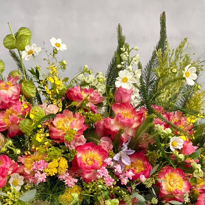 Grand floral arrangement with peonies, cosmos, and wild florals in a white ceramic vase – 4.5 feet tall, available for same-day delivery by Beverly Hills Florist.