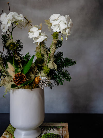 Elegant white orchid holiday arrangement in a round white ceramic vase with festive holiday accents.