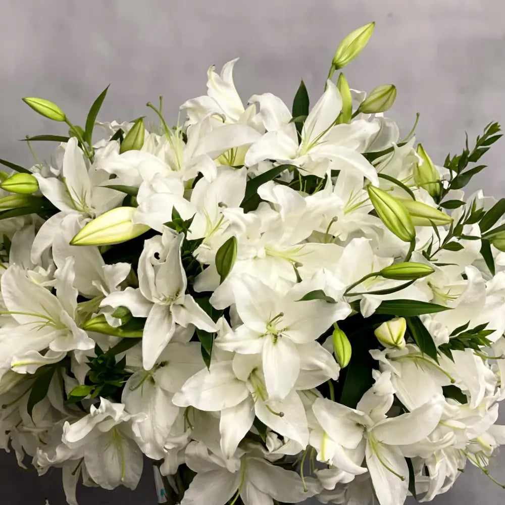Tall long stem Casablanca lilies arranged in a glass vase with same-day delivery in Beverly Hills