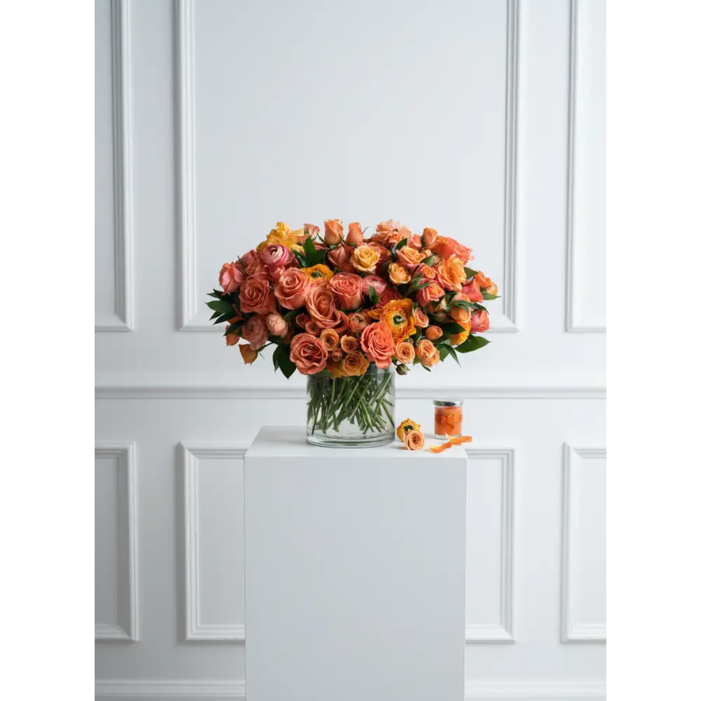Luxury orange rose arrangement in clear glass vase by Beverly Hills Florist
