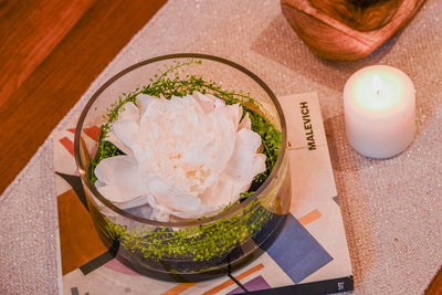 Minimalist white peony arrangement in a circular glass vase with greenery and polished rocks, ideal for tranquility.