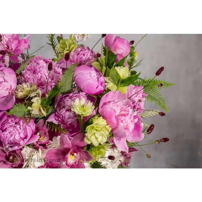 Elegant Floral Fusion arrangement with peonies, cymbidium orchids, and white hydrangeas in a tall glass vase – available for same-day delivery by Beverly Hills Florist.