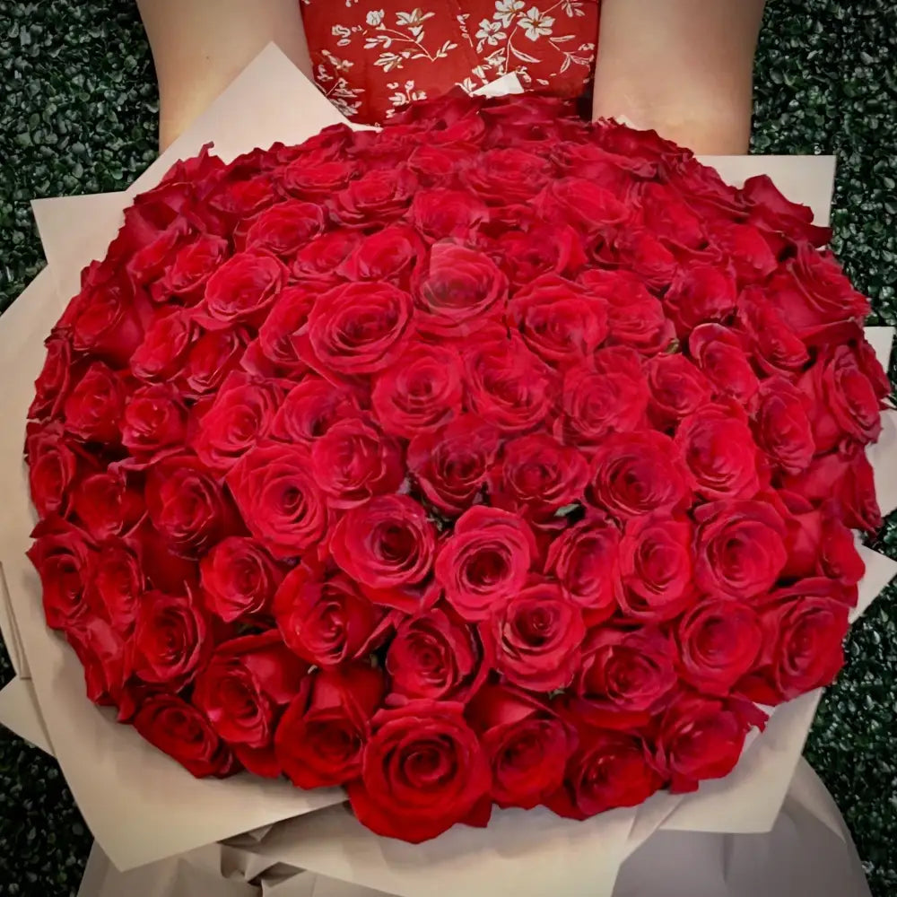 Layers and Layers of Love arrangement with over 1,001 red roses, standing 3 feet tall and 4 feet wide, available for same-day delivery by Beverly Hills Florist.