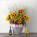This Sunflower bouquet radiates sunshine and warmth with each brilliant petal! Together with fresh Amaranthus, Pussy Willow, and Hydrangea accents, this bouquet creates a dazzling display for those summertime days! Perfect for any summertime occasion - Birthdays, Fourth of July, Hospitality, Thank You, or simply for a "Just Because" moment! Beverly Hills Florist offers same day delivery ! 
