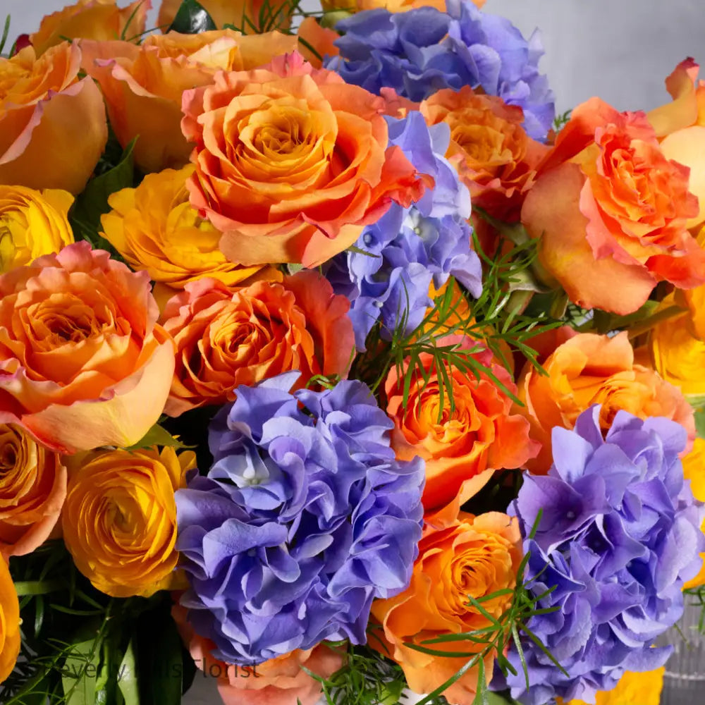 The Tale of Orange Roses and Blue Hydrangeas Arrangement
Luxury Orange Garden Roses and Blue Hydrangeas in White Vase
Sunburst Floral Arrangement for Same-Day Delivery Beverly Hills
Vibrant Orange and Blue Floral Arrangement Los Angeles Delivery