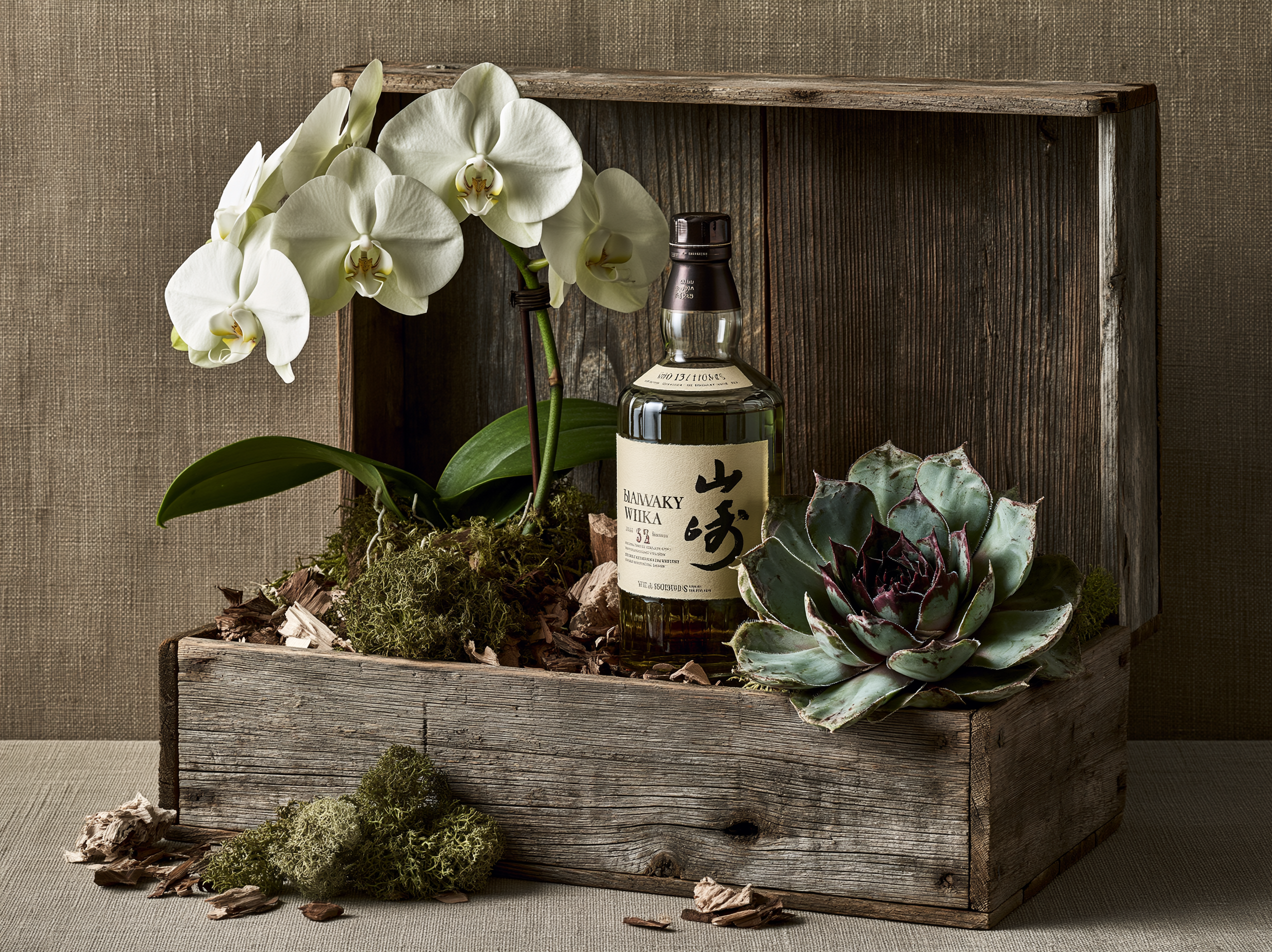 The Tokyo Reserve Japanese whisky with white orchid and succulents in barnwood gift box
