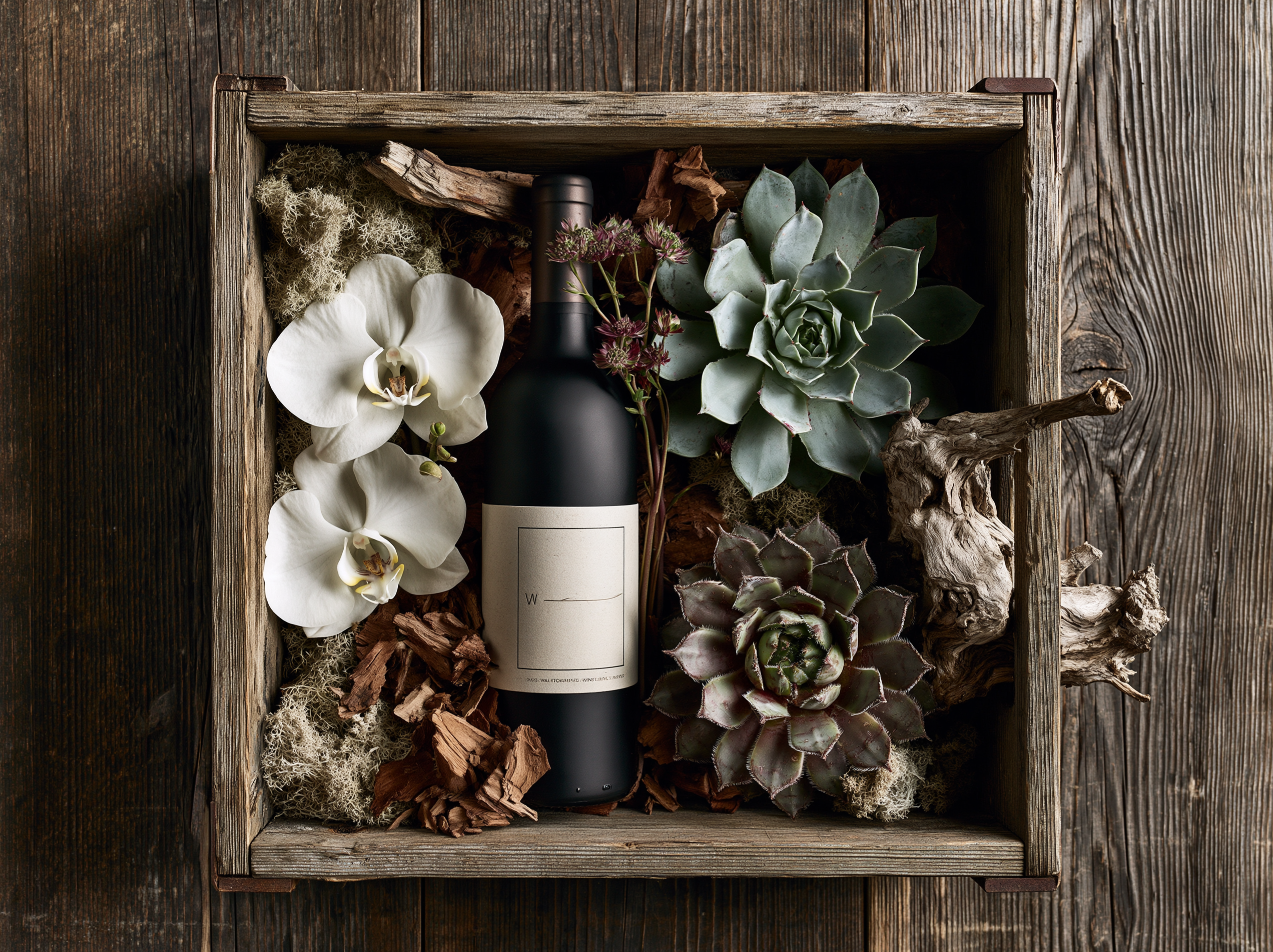 The Noir Collection dark wine with white phalaenopsis orchids in weathered wood crate