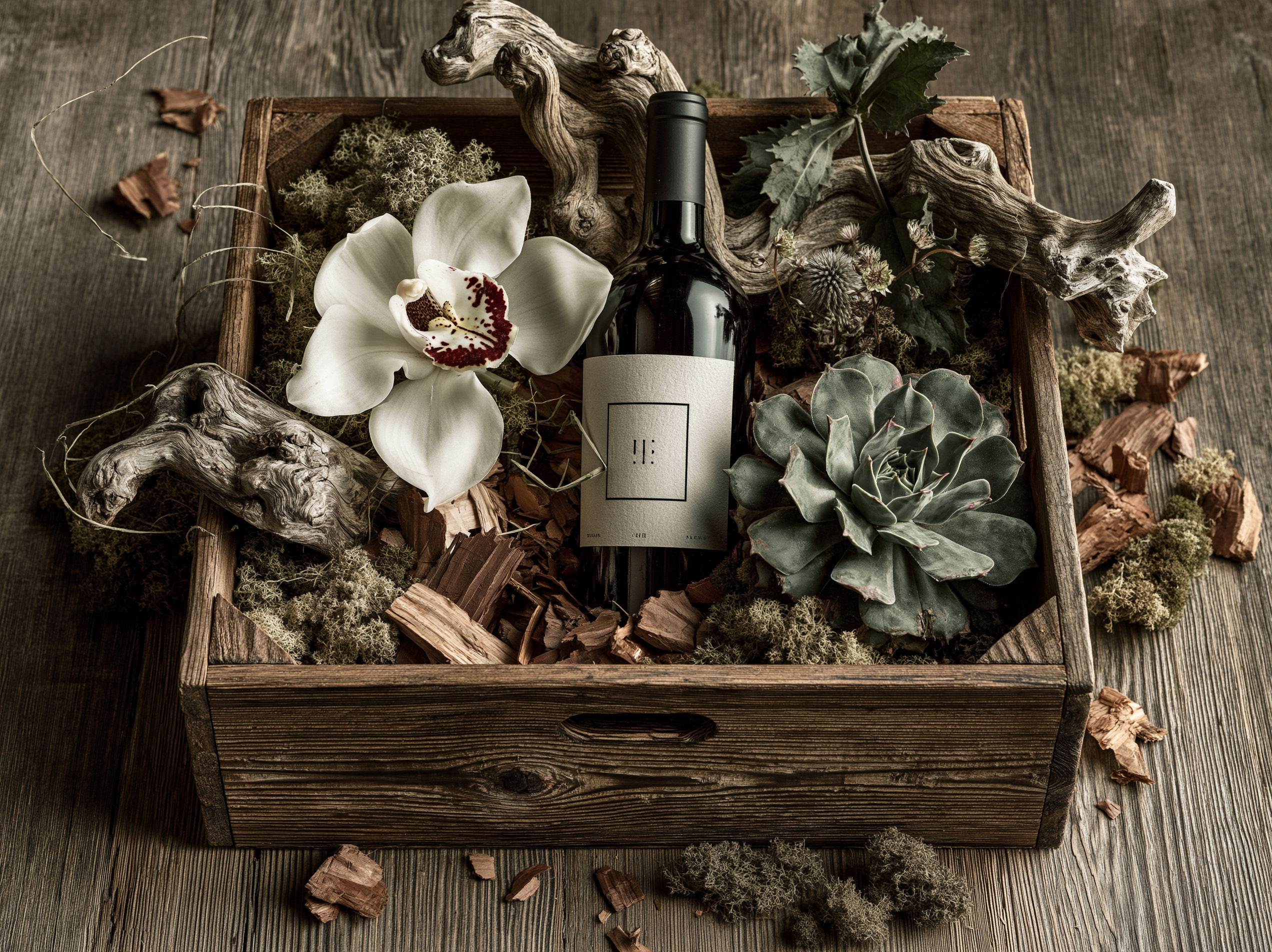 The Cabernet Crate red wine and orchid rustic gift crate