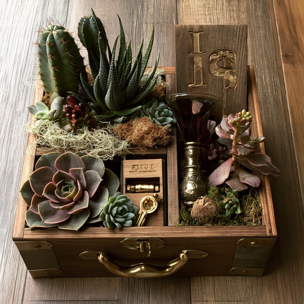 Keepsake wooden chest with succulents and gold accents