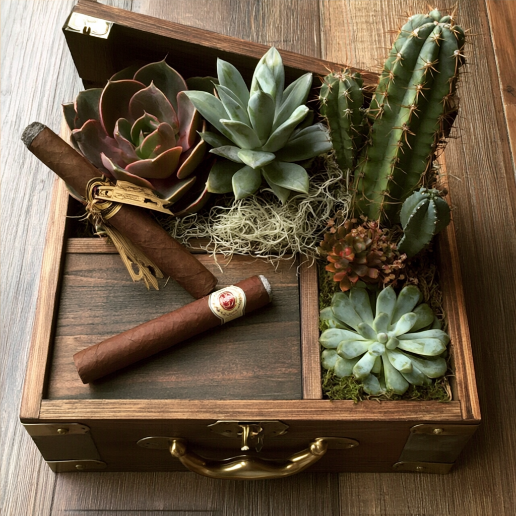 Cigars and cacti in wooden treasure chest