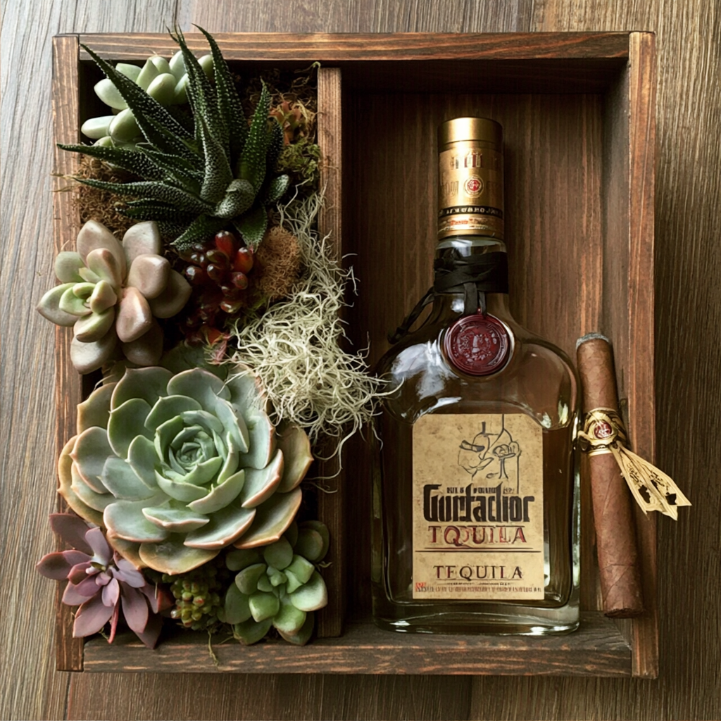 Reposado tequila and cigar succulent treasure chest gift box